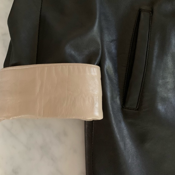 Black soft leather jacket with cream cuffs design details, mandarin collar Large - Picture 3 of 11